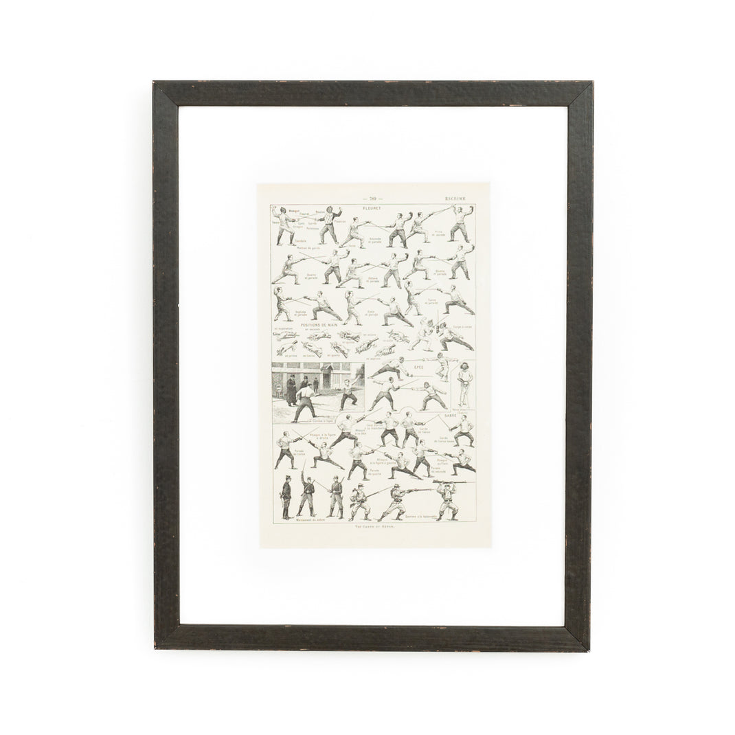 diagram explaining fencing positions framed in Wren distressed matte black finish with aged patina frame with a white mat