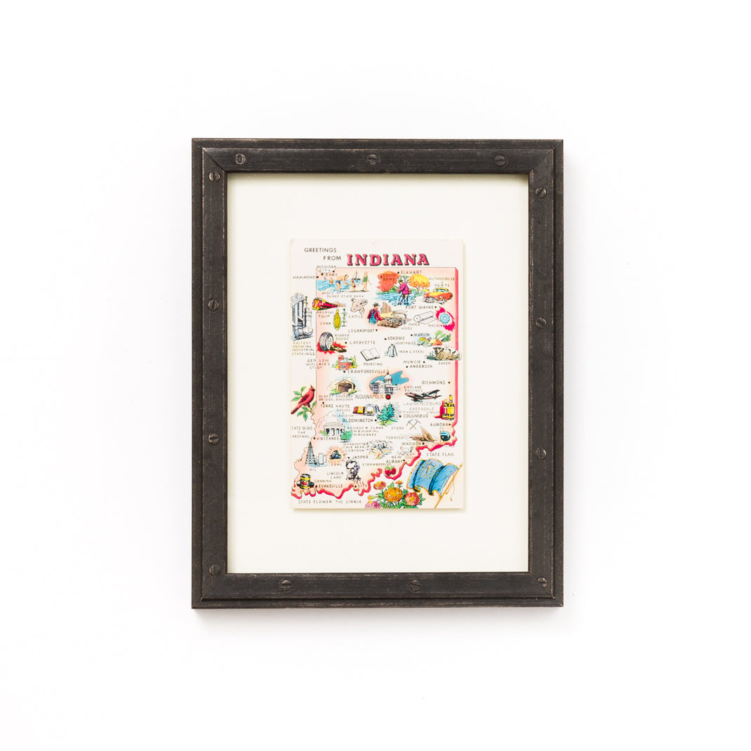 Indiana postcard framed float mounted in Bolton oiled steel frame with rivets