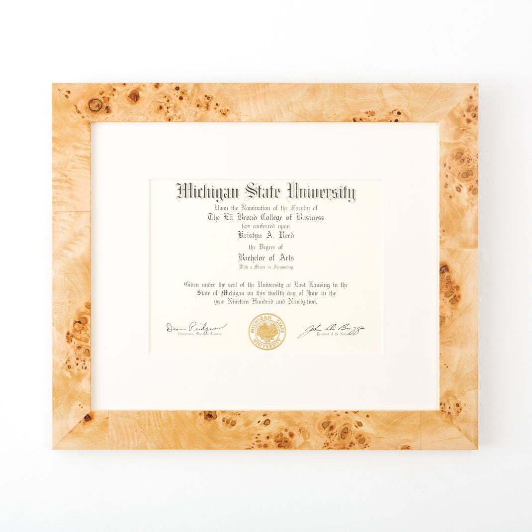 michigan state university diploma framed in Cairo burl wood frame with a white mat
