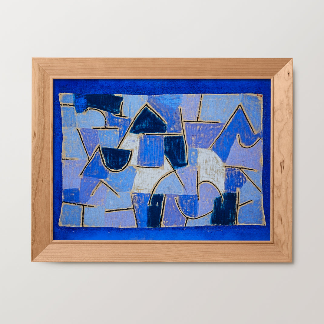 Colorful blue abstract painting in a cherry angled hardwood frame