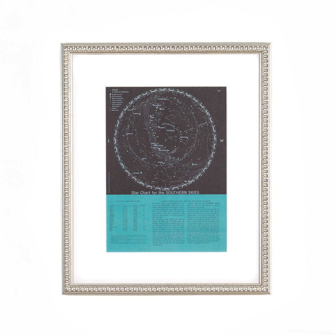 star chart of the southern skies framed in Dover silver frame with wave detail