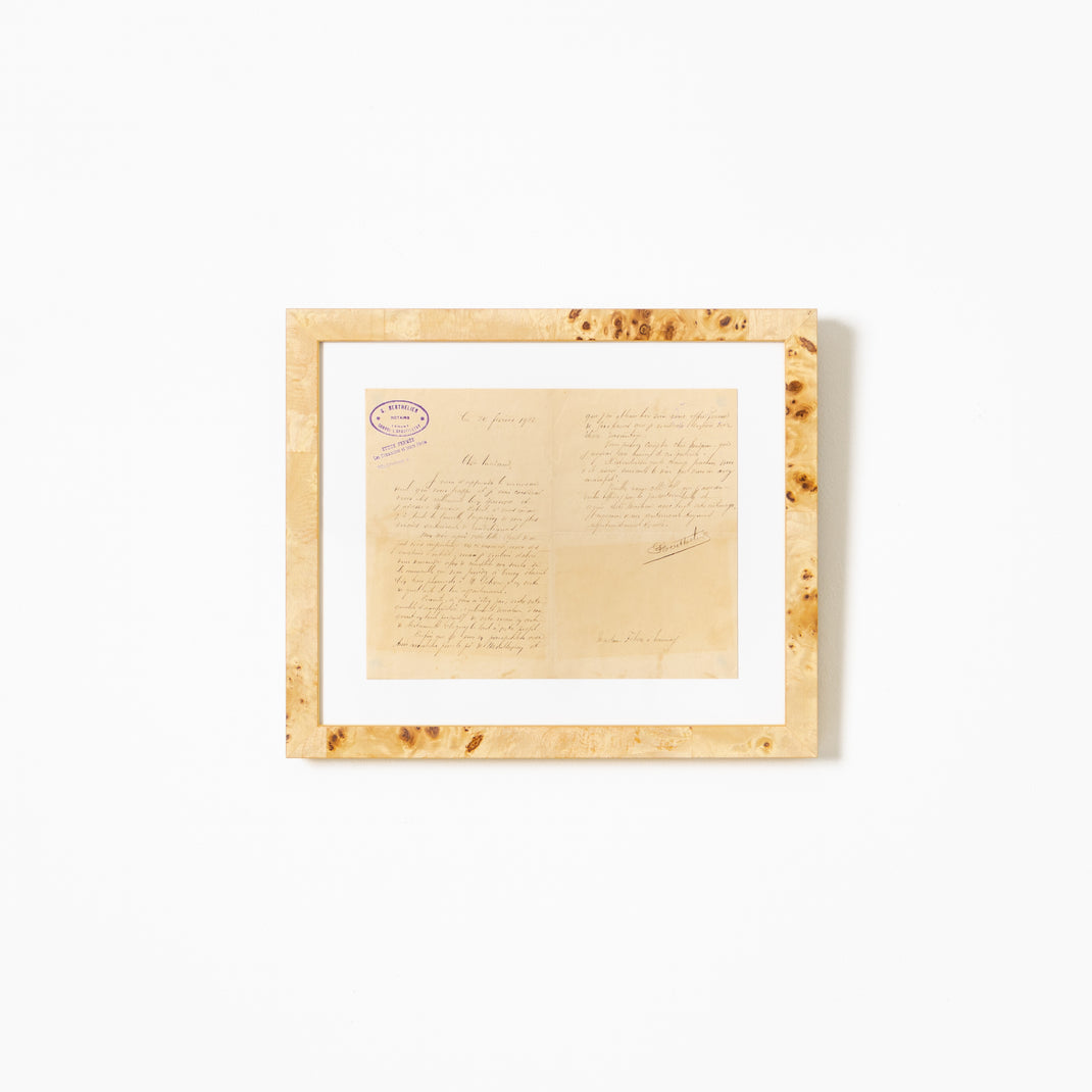 vintage handwritten letter framed in gallery burl wood Giza frame with a white mat