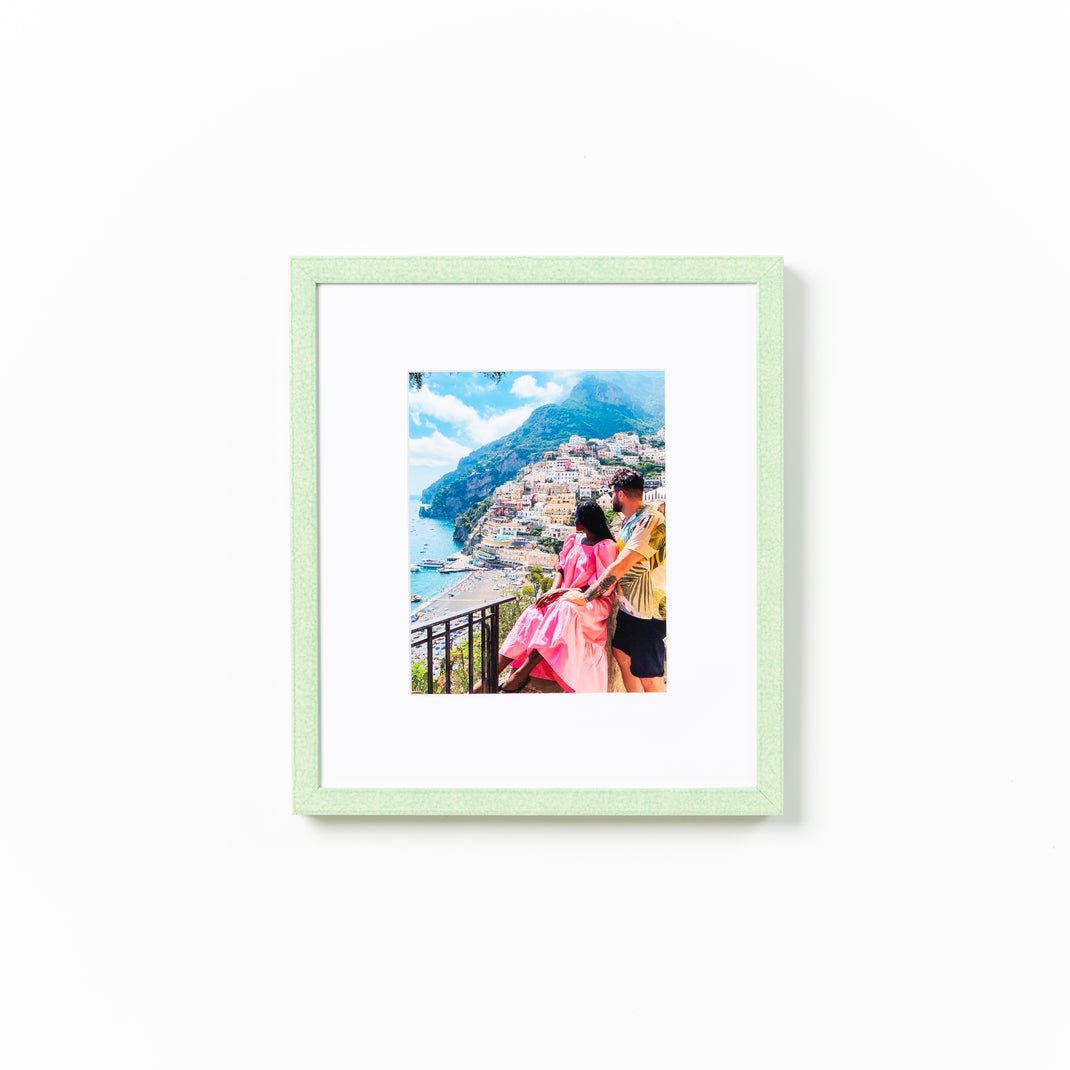 photo of a couple in Italy framed in mint green glazed Positano frame