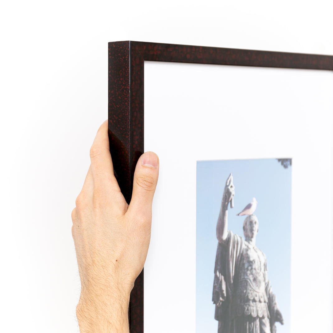 top left corner of photo of a statue of a man with birds on it framed in deep burgundy glazed Rome frame with a white mat