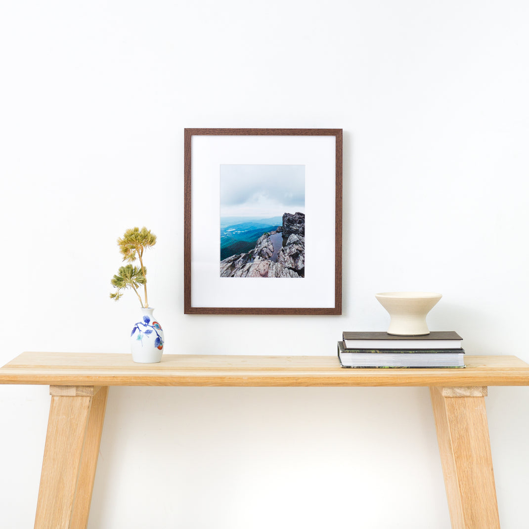 landscape photo of mountains framed in mini Walnut hardwood frame style with a white mat hanging on a white wall above a wood console table