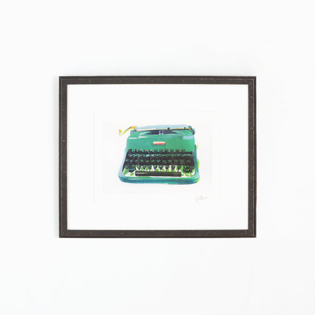 art print of a typewriter framed in Bolton Riveted Wood Frame with a Black Steel Finish with white mat