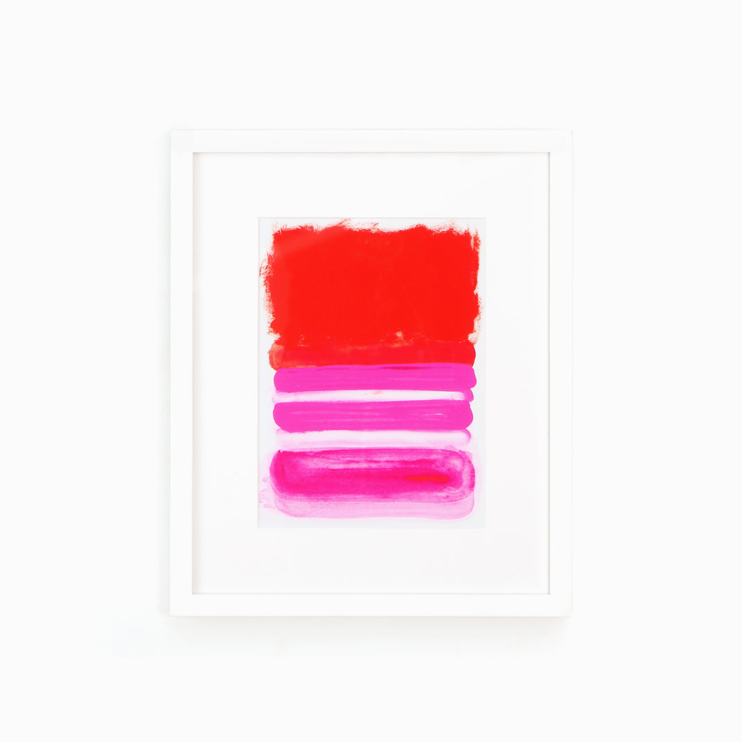 pink and red abstract art print framed in Irvine Slim thin white gallery frame with a white mat