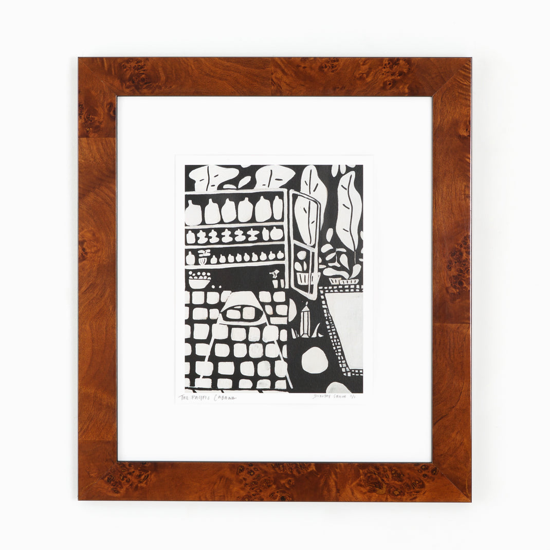 black and white linocut print framed in Jambi tiger wood frame with white mat