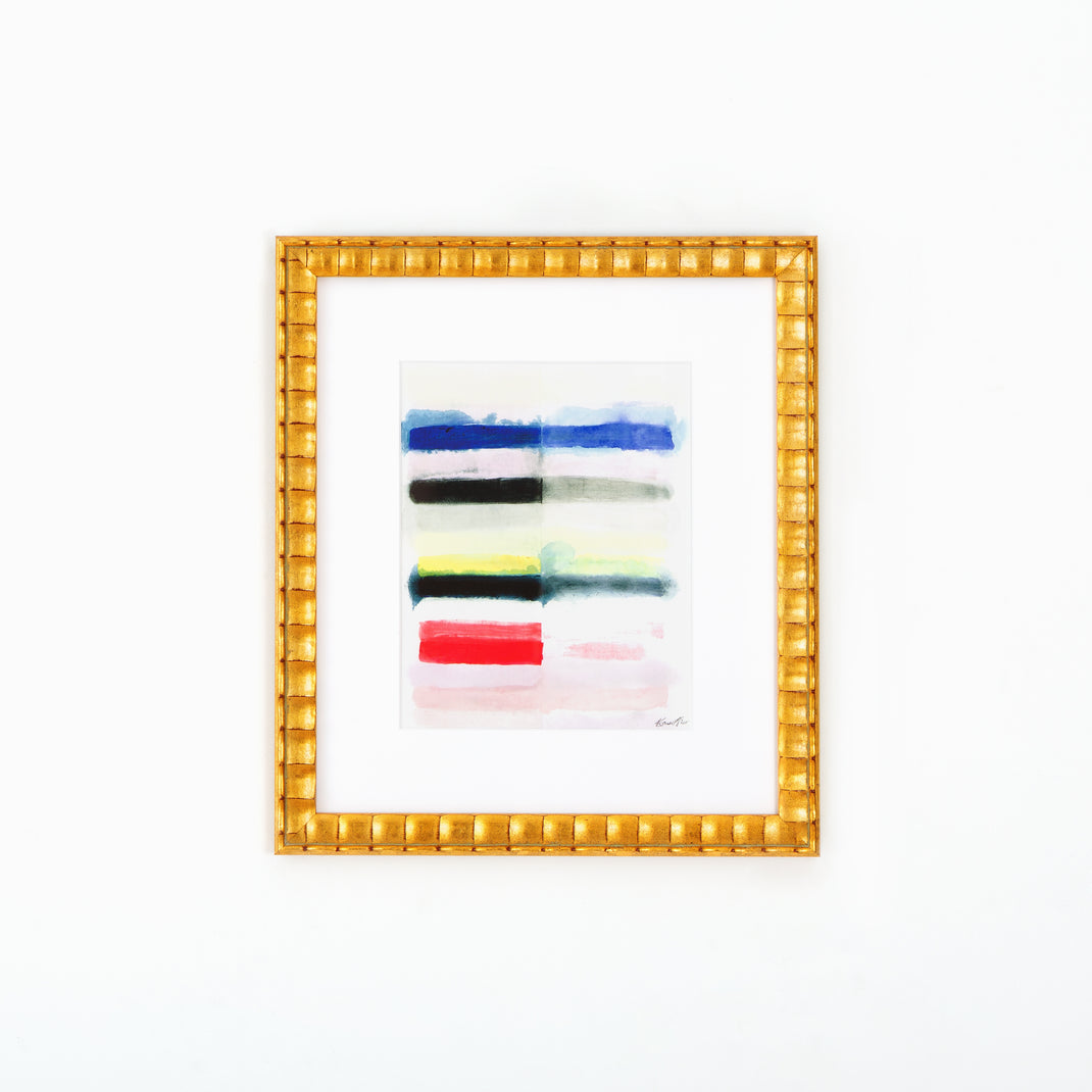 abstract art framed in rippled gold Lafayette frame with a white mat