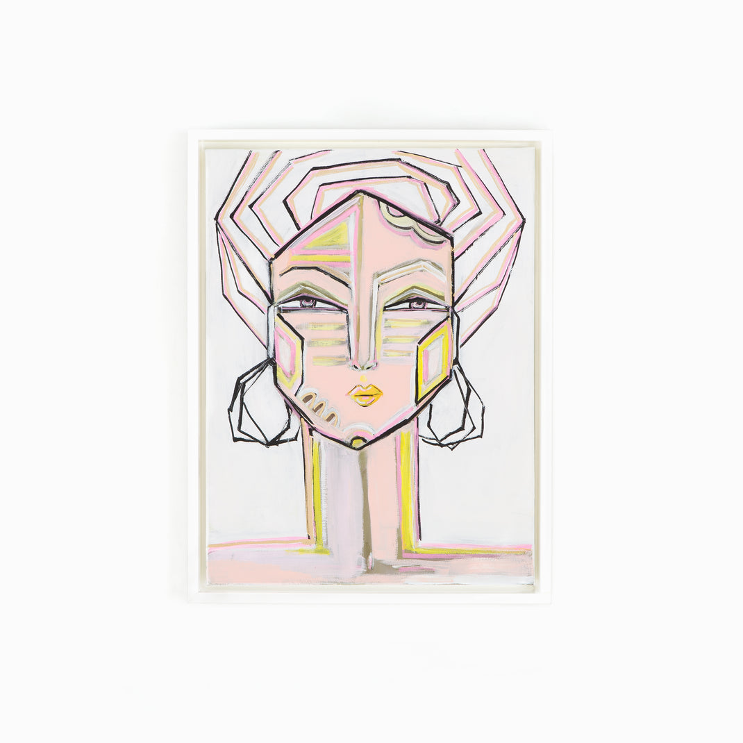 abstract portrait of a woman framed in white Palermo canvas floater frame