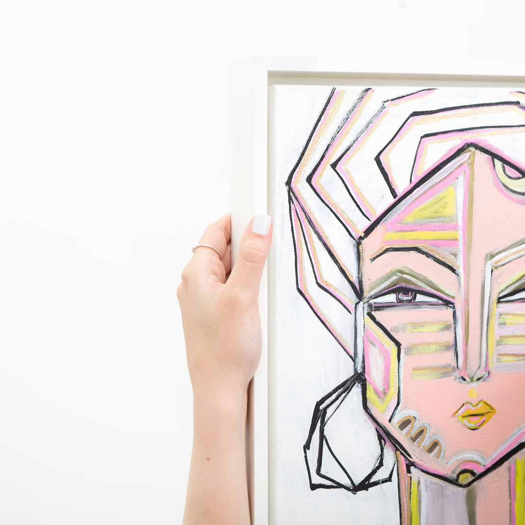 top left corner of abstract portrait of a woman framed in white Palermo canvas floater frame