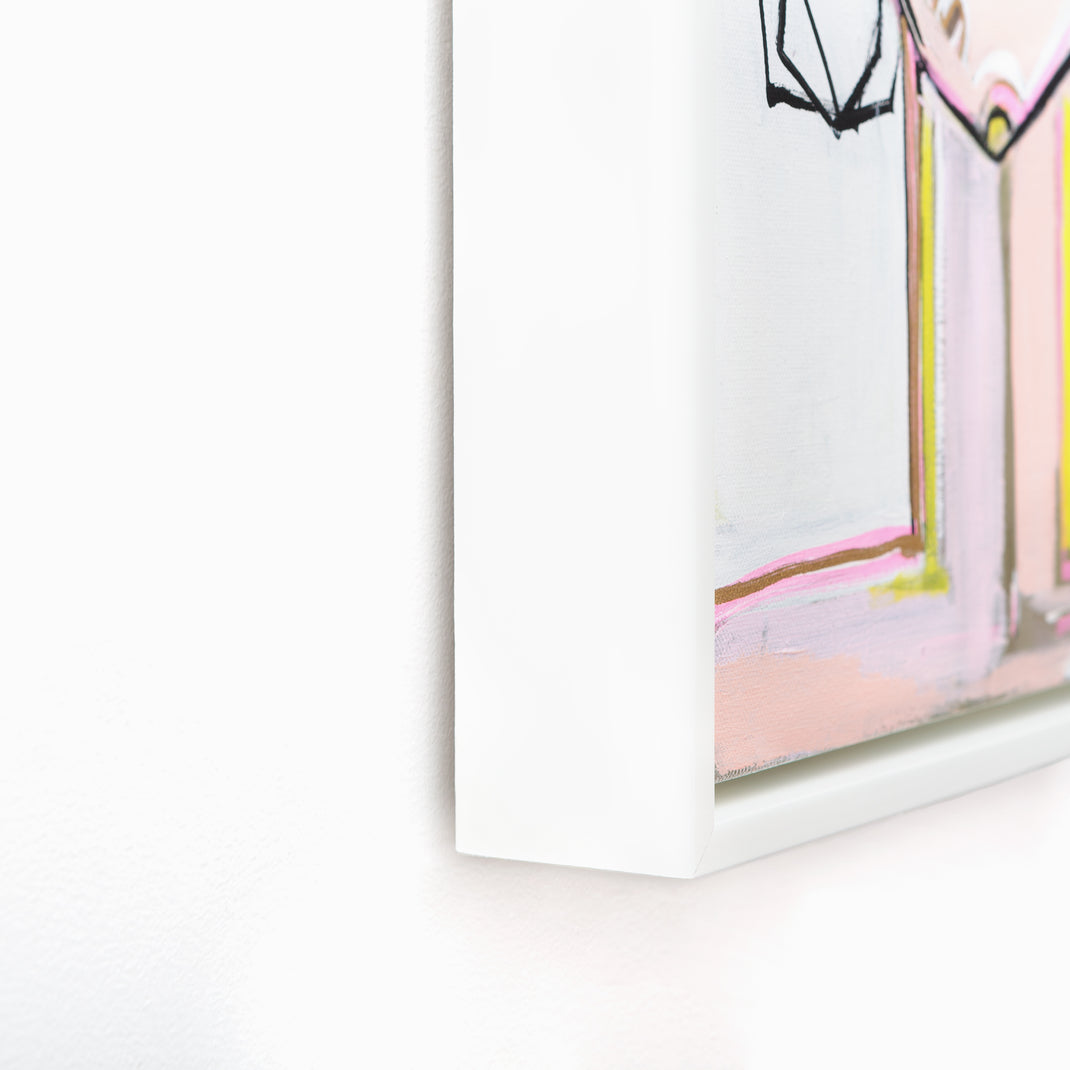 bottom left corner of abstract portrait of a woman framed in white Palermo canvas floater frame